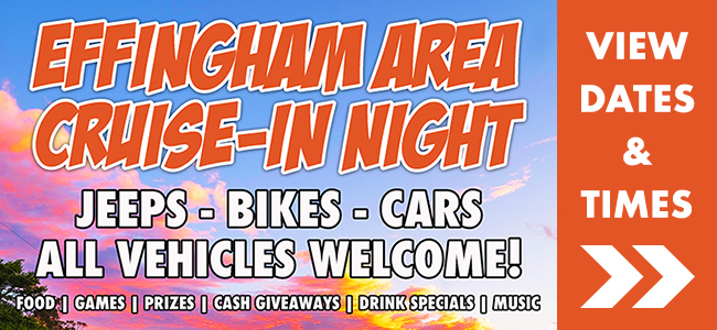 Effingham Area Cruise In Night. Jeeps bikes and cars. All vehicles welcome! View dates and times.